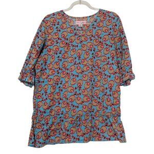 Koi Floral Scrub Top Womens Size Small Blue Cotton Short Sleeve Medical Nurse